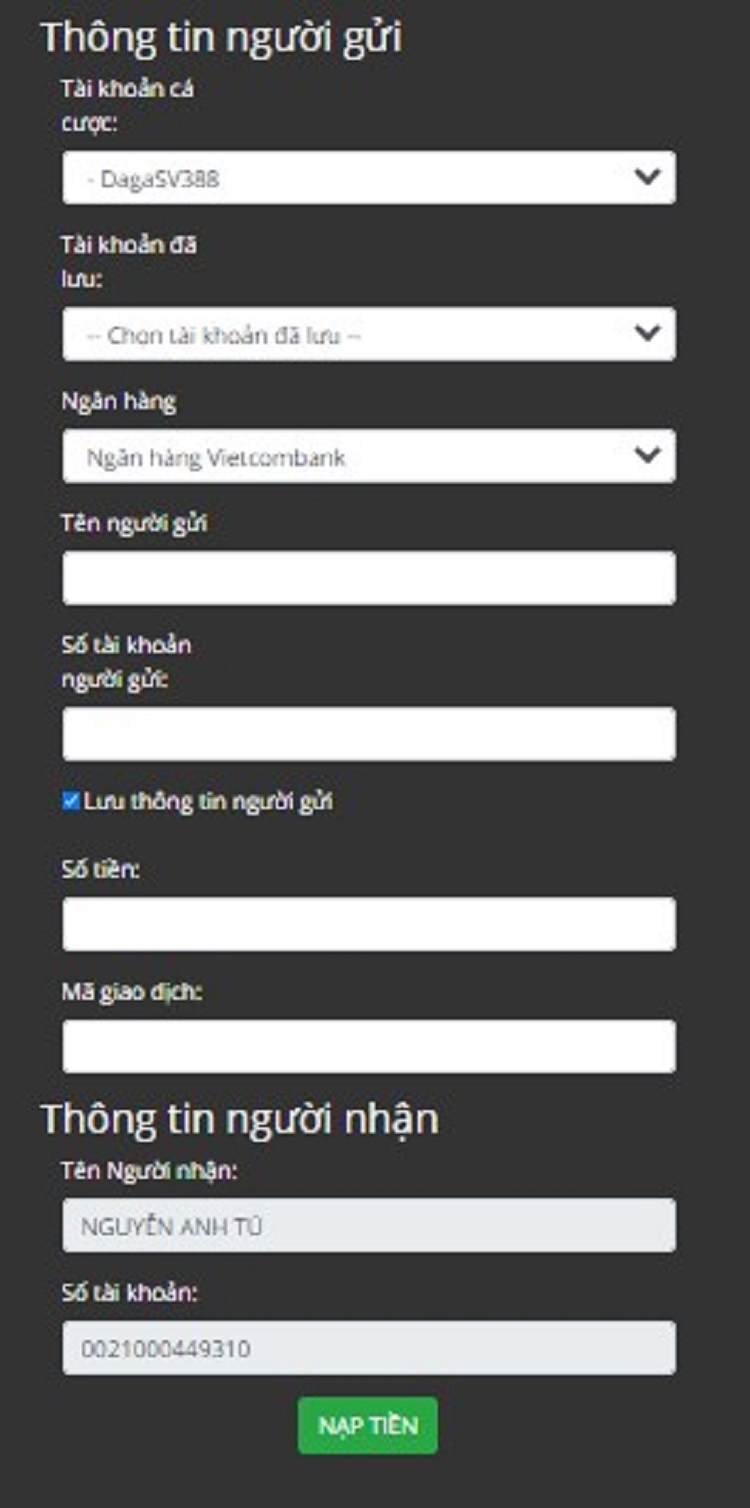 nạp tiên sv388 Thông tin người gửi
