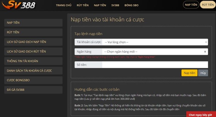 Giao diện nạp tiền vào sv388.